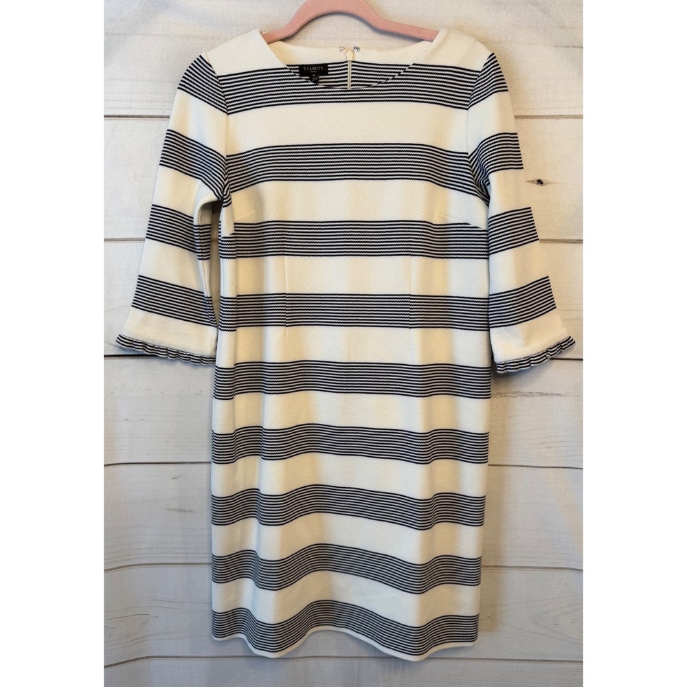 Talbots Petites Ivory Navy Striped Textured Knit Sheath Dress Ruffle Sleeve 6P